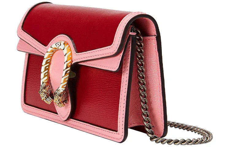 Women Gucci bags with a detachable mobile phone holderGUCCI Leather Dionysus Tiger Head Buckle Chain Single-Shoulder Bag Super Mini Red/Pink 476432-18YQX-6664