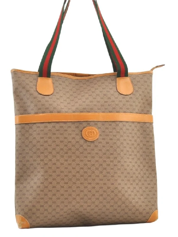 Women Gucci bags with interlocking G hardware for a classic lookAuthentic GUCCI Web Sherry Line Micro GG PVC Leather Tote Bag Brown 1278K