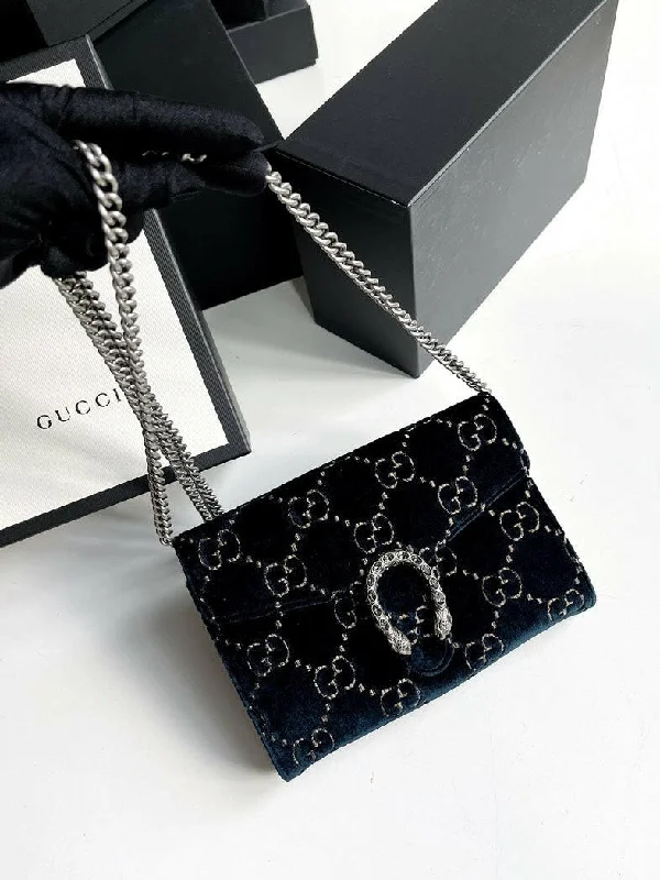 Women Gucci Sylvie bags with a crystal - embellished web stripeGucci Dionysus Dark Blue Velvet Wallet on Chain with Box & Dust Bag