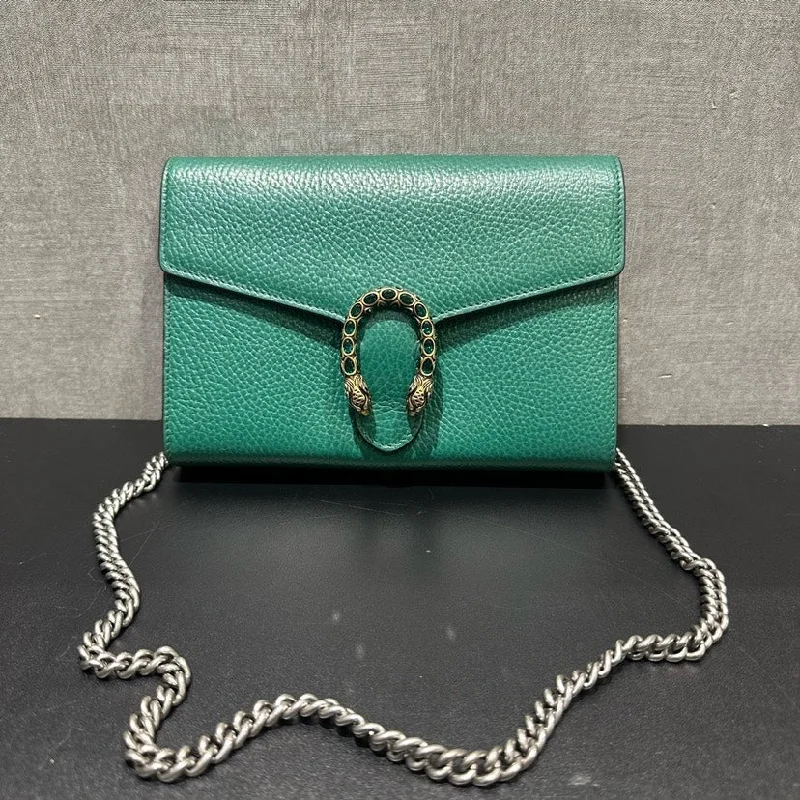 Women Gucci Sylvie bags with a crystal - embellished web stripeGucci Dionysus Green Leather WOC Chain Strap Bag 20x14x4cm