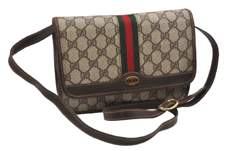 Gucci tote bags for women with a printed Gucci logoAuthentic GUCCI Web Sherry Line Shoulder Bag GG PVC Leather Brown Junk 1332K