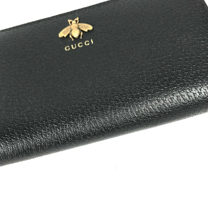 Women Gucci bags with a magnetic snap closure for easy accessGUCCI Long Wallet Purse 523667 leather black BEE Zip Around Women Secondhand