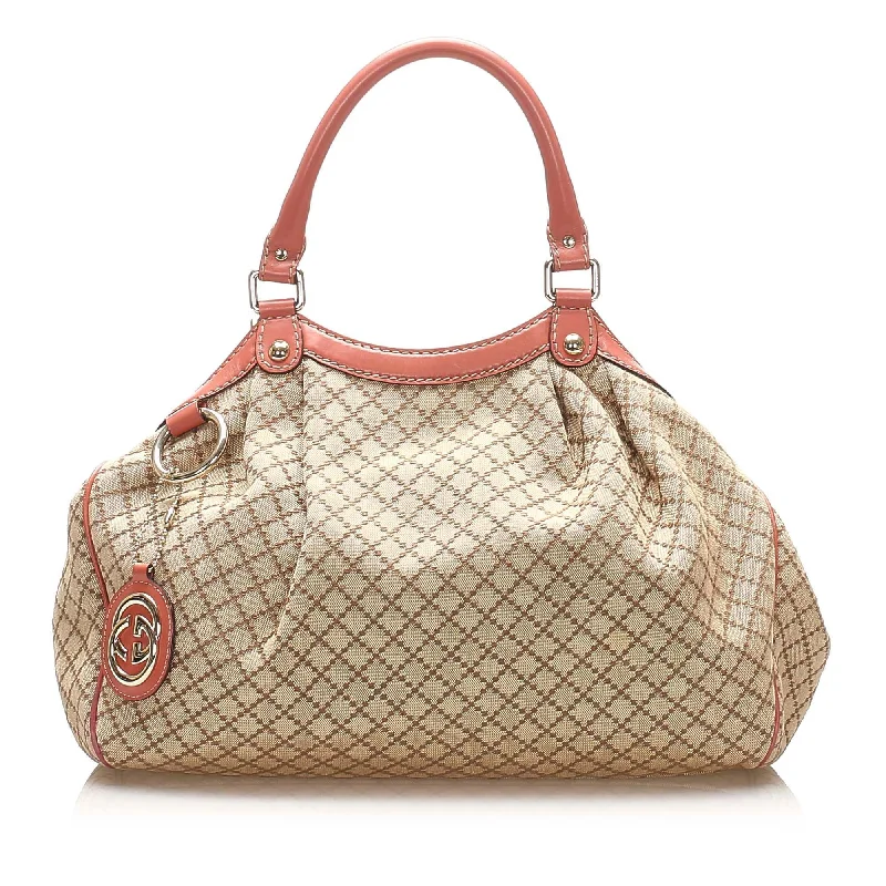 Women Gucci bags with a magnetic snap closure for easy accessGucci Diamante Sukey Canvas Tote Bag (SHG-15484)