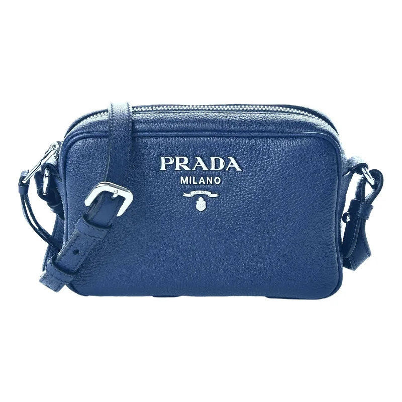 Prada bags with a detachable mirror inside for quick touch - upsPrada Vitello Phenix Blue Leather Silver Logo Small Camera Crossbody Bag