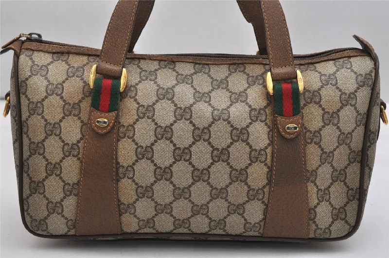 Gucci backpacks for women with a hidden back pocketAuthentic GUCCI Web Sherry Line 2Way Hand Bag GG PVC Leather Brown Junk 1020K