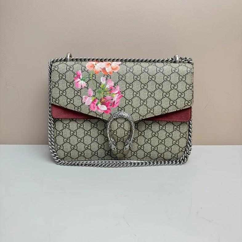 Gucci handbags for women with a back - zip pocketGucci Dionysus Floral Chain Bag Beige Canvas Medium