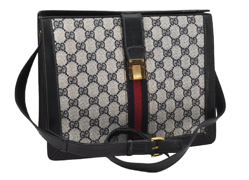 Women Gucci crossbody bags with a woven leather strapAuthentic GUCCI Sherry Line Shoulder Cross Body Bag GG PVC Leather Navy 1395K