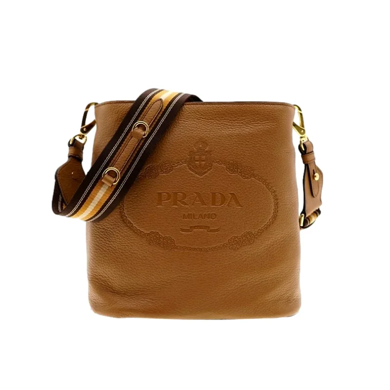 Prada nylon backpacks with a multi - pocket design for better organizationPrada Vitello Phenix Bucket Crossbody Bag Caramel Brown Web Strap