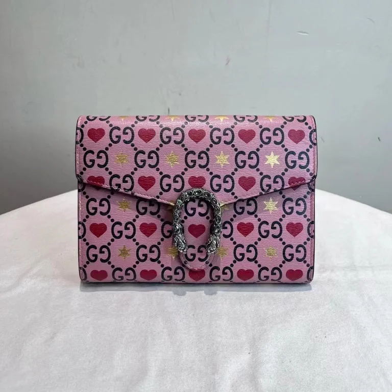 Women Gucci bags with a front - zip pocket for small itemsGucci Dionysus Valentines GG Printed Pink Leather Bag Limited Edition