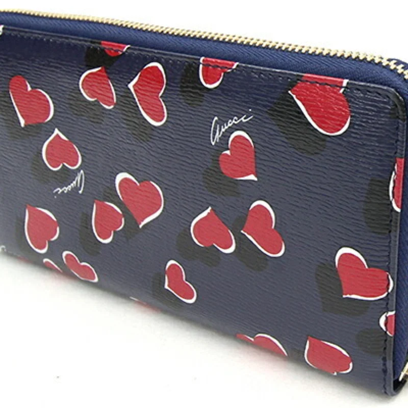 Gucci handbags for women with a patent - leather finishGUCCI Round Long Wallet 309705 Navy Red Leather Heart Ladies