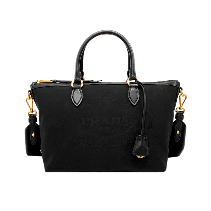 Prada bags with a back - zip pocket for storing valuables securelyPrada Logo Jacquard Black Canvas Satchel Crossbody