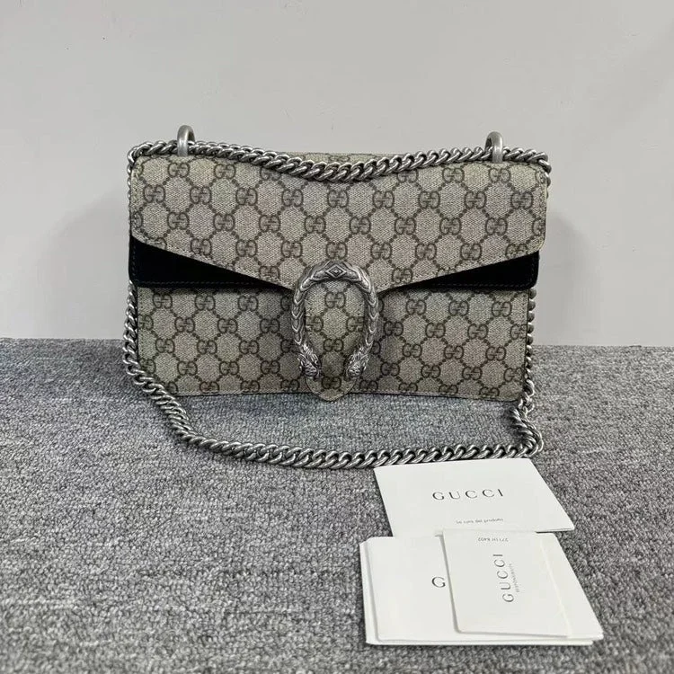 Ladies Gucci Dionysus bags with a chain - link shoulder strapGucci Dionysus GG Supreme Black Suede Medium Shoulder Bag