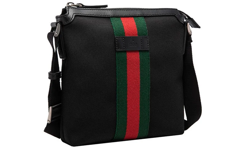 Gucci backpacks for women with a multi - pocket designMen's GUCCI Red Green Stripe Webbing Leather Logo Canvas Shoulder Messenger Bag Black 631195-KWT7N-1060