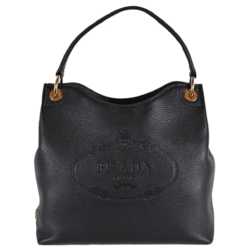 Prada Cahier bags featuring the signature triangular logo plaquePrada Vitello Phenix Black Leather Embossed Logo Hobo Tote Bag