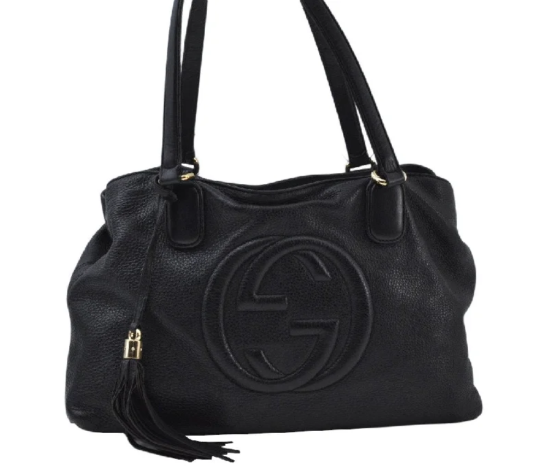 Medium - sized Women Gucci handbags for everyday useAuthentic GUCCI SOHO Tassel Shoulder Bag GG Leather 308363 Black K9979