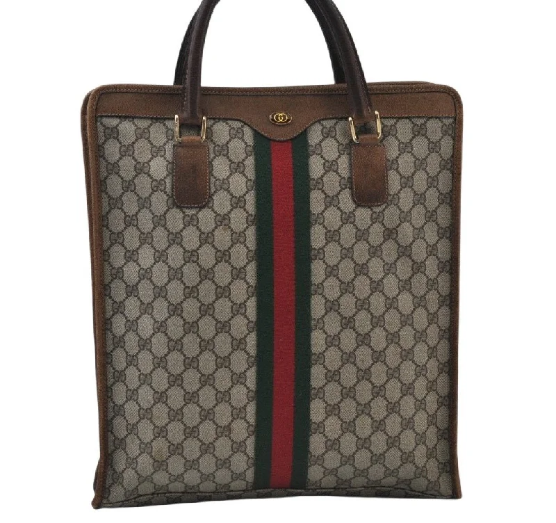 Women Gucci Sylvie bags with a detachable ribbon detailAuthentic GUCCI Web Sherry Line Hand Tote Bag GG PVC Leather Brown L0049