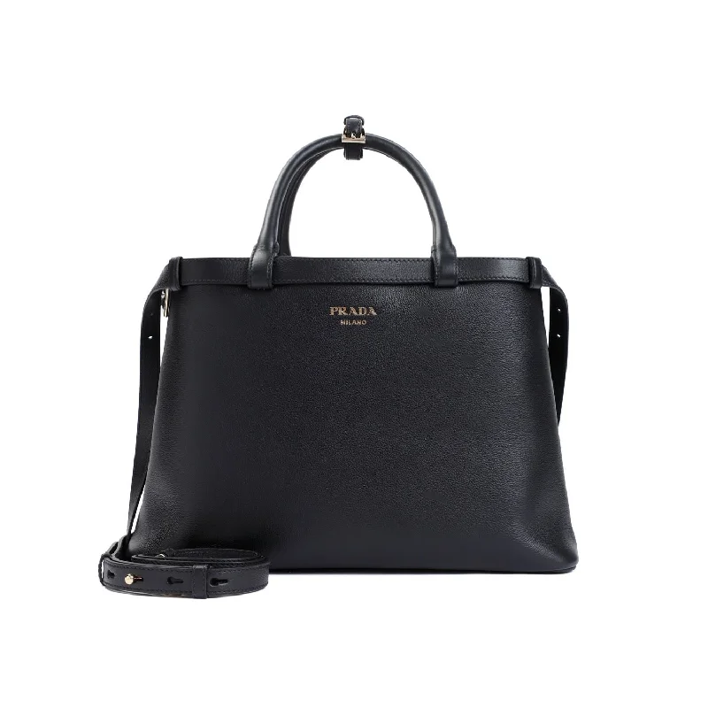 Prada bags with a chain - link trim and a leather body for a modern and stylish edgePRADA BUCKLE LEATHER BAG