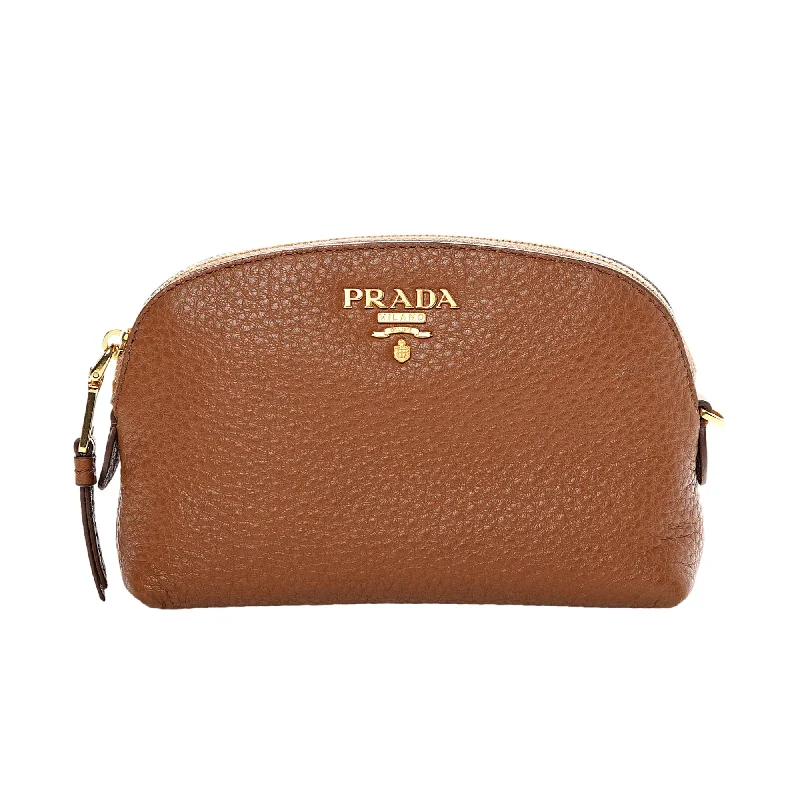 Prada Cleo bags with a crystal - embellished logo for added luxuryPrada Vitello Daino Cannella Brown Leather Small Cosmetic Case Clutch Bag