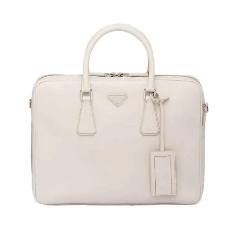 Prada bags with a front - zip pocket for small items like cards and keysPrada Saffiano Ivory Leather Satchel Weekender Travel Tote Bag Crossbody