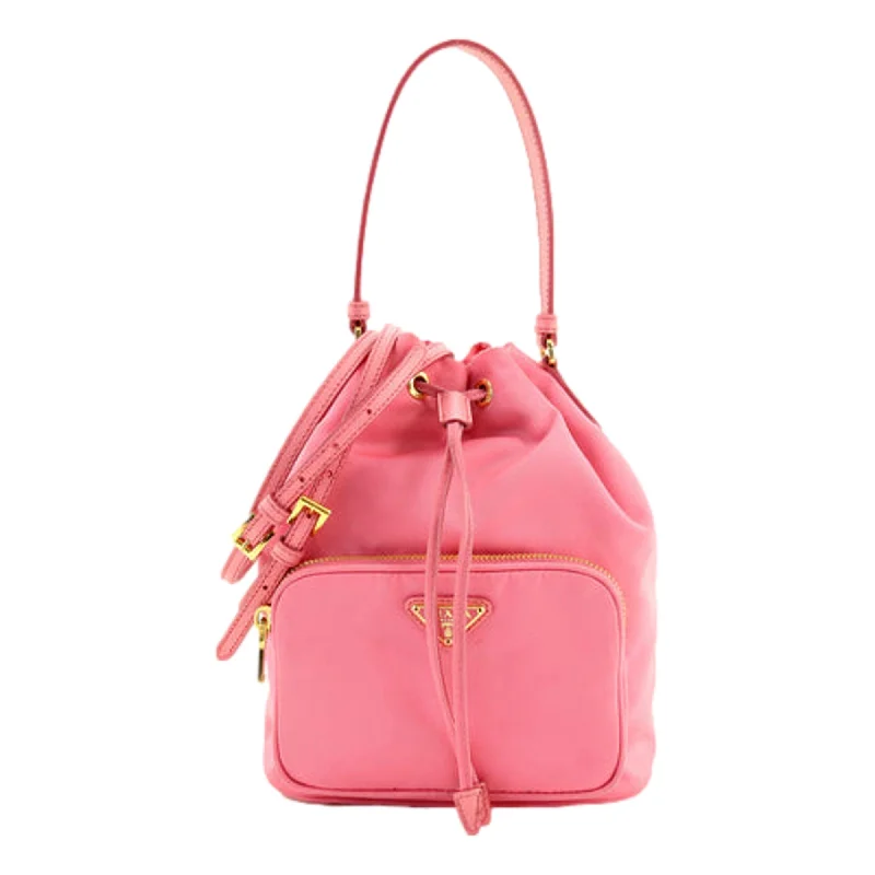 Prada handbags with a patent - leather finish for a shiny and sophisticated appearancePrada Re-Nylon Saffiano Duet Bucket Crossbody Bag Small Begonia Pink