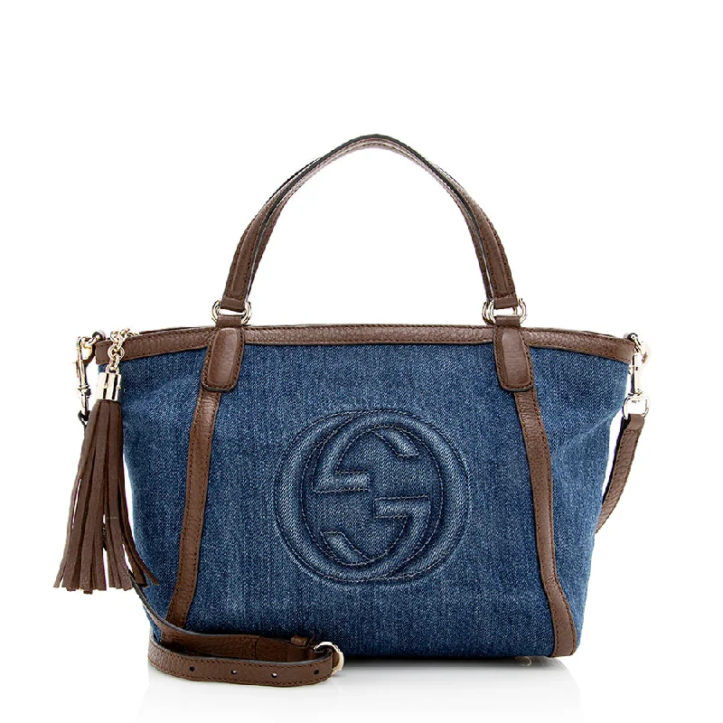 Gucci handbags for women with a patent - leather finishGucci Denim Soho Top Handle Tote