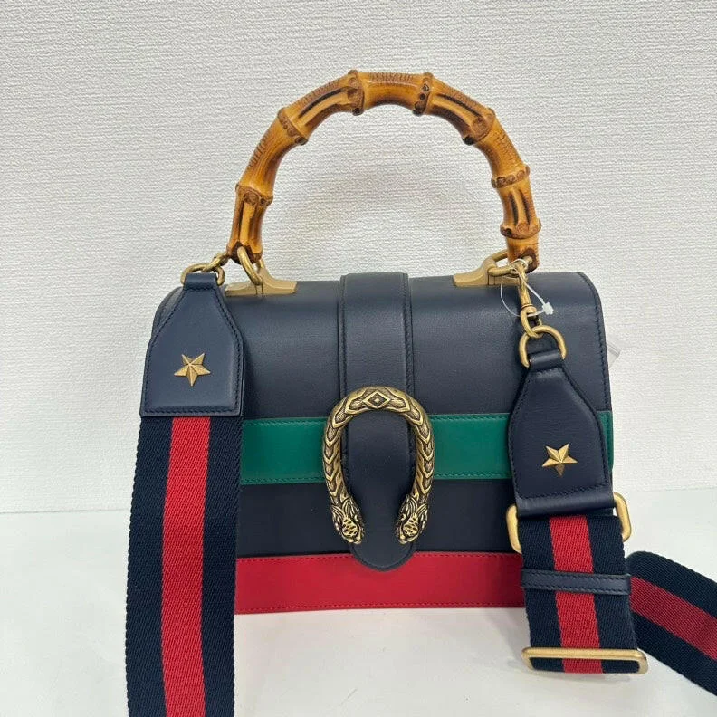 Gucci tote bags for women with a double - handle designGucci Dionysus Bamboo 2way Leather Bag - Black/Green/Red, Medium HandBag with Gold Hardware