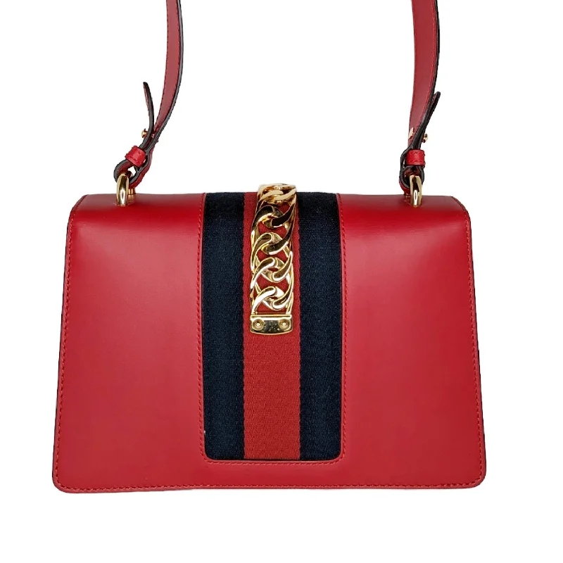 Women Gucci bags with a magnetic snap closure for easy accessGucci Calfskin Small Sylvie Chain Shoulder Bag Hibiscus Red