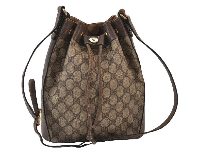 Ladies Gucci Dionysus bags with a detachable shoulder strapAuthentic GUCCI Web Sherry Line Drawstring Bag GG PVC Leather Brown Junk 1634K