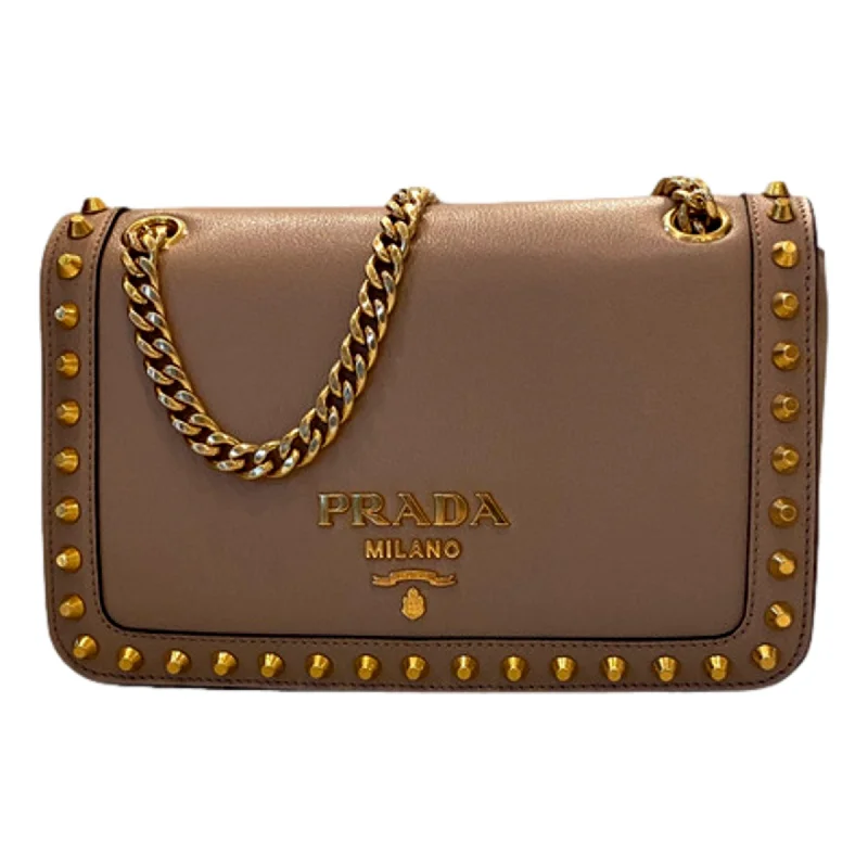 Prada handbags with a beaded trim for a touch of glamour and elegancePrada Pattina Glace Calf Leather Cammeo Beige Gold Studded Bag