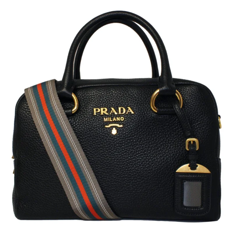 Prada tote bags with a double - handle and shoulder - strap option for easy usePrada Vitello Phenix Black Leather Web Stripe Crossbody Satchel Bag