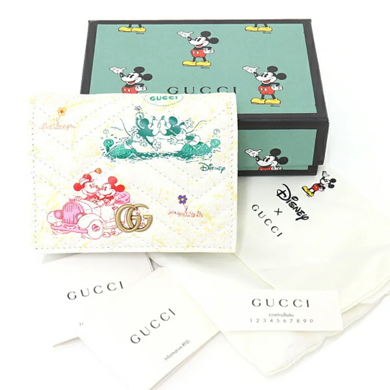 Medium - sized Women Gucci handbags for everyday useGUCCI x Disney  GG Marmont Card Case Wallet Bifold Compact Double G Mickey Minnie Leather 616768 White Multicolor Gold Hardware