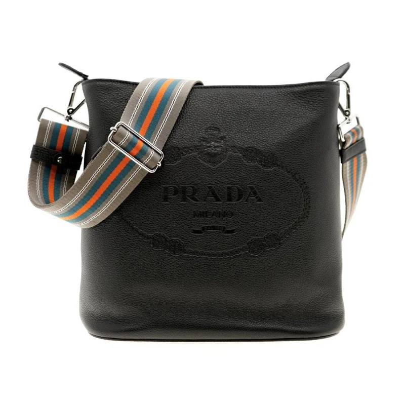 Ladies Prada shoulder bags with a tassel - adorned zipper for added charmPrada Vitello Phenix Black Leather Web Strap Crossbody Bucket Bag