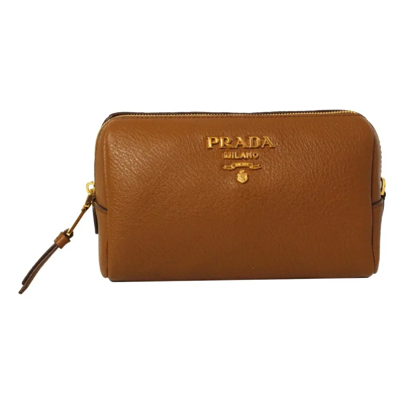 Prada Cleo bags with a curved shape and a chain - link shoulder strapPrada Vitello Daino Cannella Brown Leather Cosmetic Pouch Clutch Bag