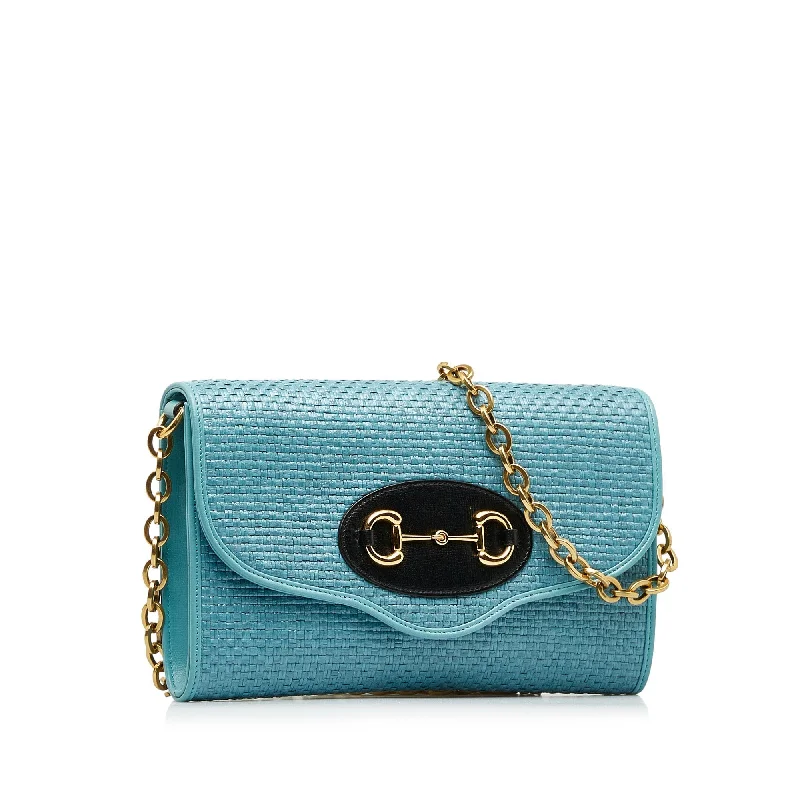 Women Gucci bags with a zip - around closure for securityGUCCI Horsebit 1955 Raffia Chain Bag