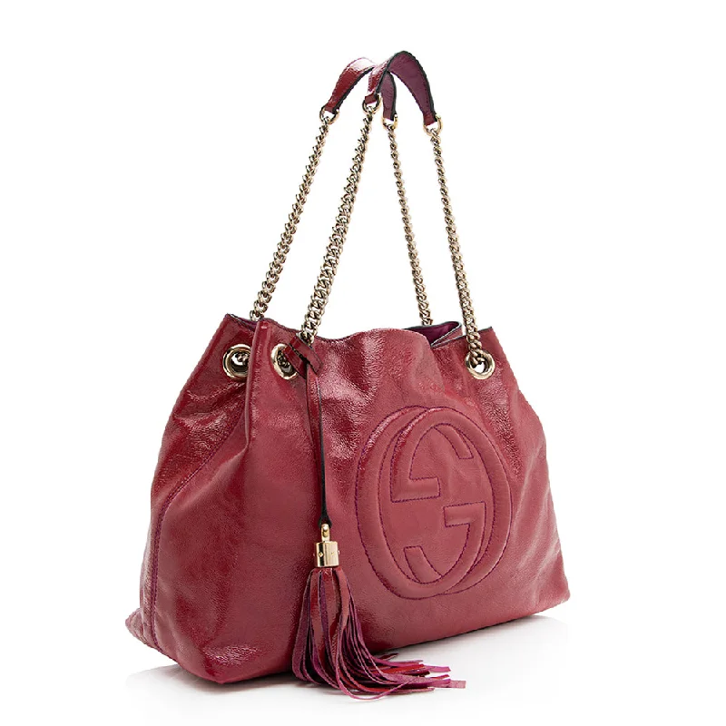 Women Gucci crossbody bags in a bold red colorGucci Patent Leather Soho Medium Shoulder Bag (SHF-20555)