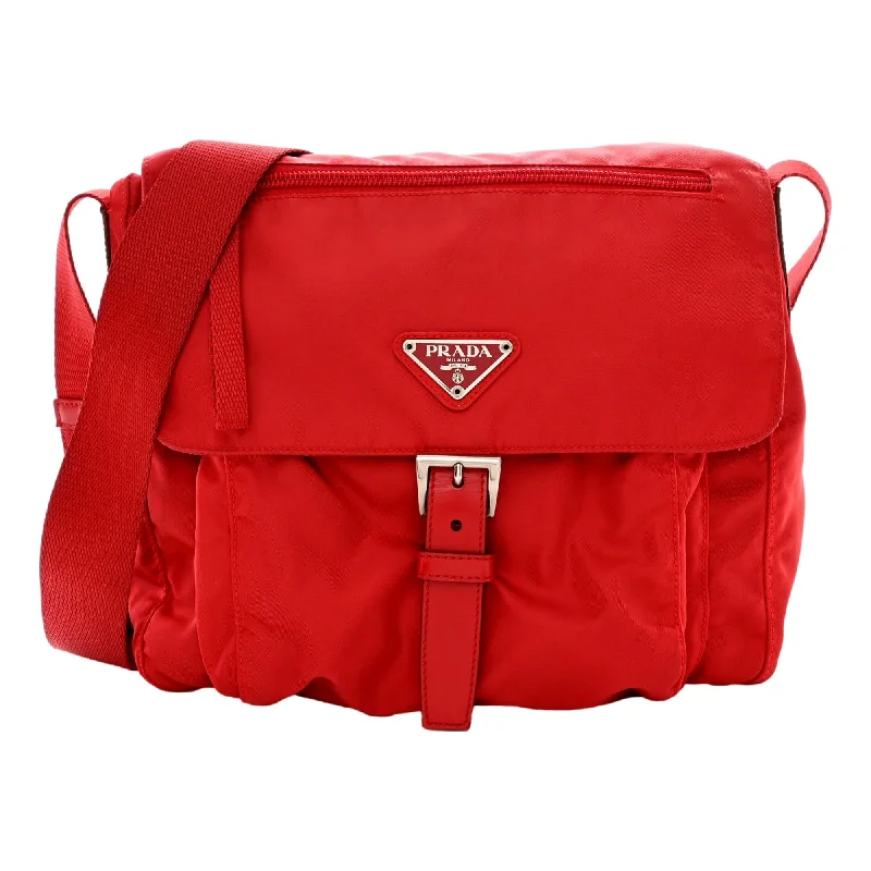 Prada tote bags with a printed Prada logo on the front for brand visibilityPrada Rosso Pattina Nylon Red Medium Messenger Bag