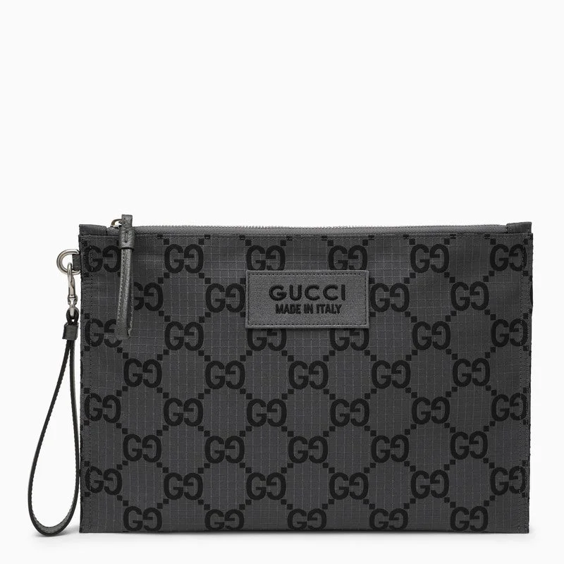 Women Gucci bags with a zip - around closure for securityGucci Dark Grey And Black Pouch With Gg Motif Men