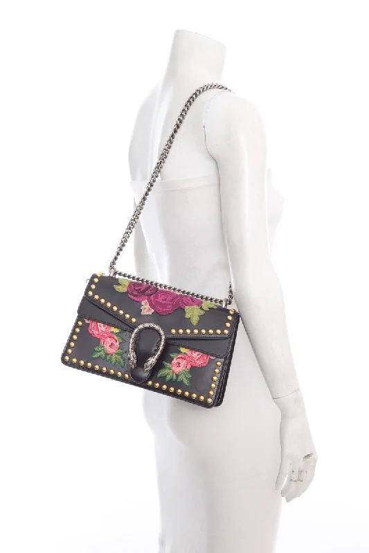 Ladies Gucci shoulder bags with a magnetic - closure flapGucci Dionysus Embroidered Floral Black Leather "Blind For Love" HandBag