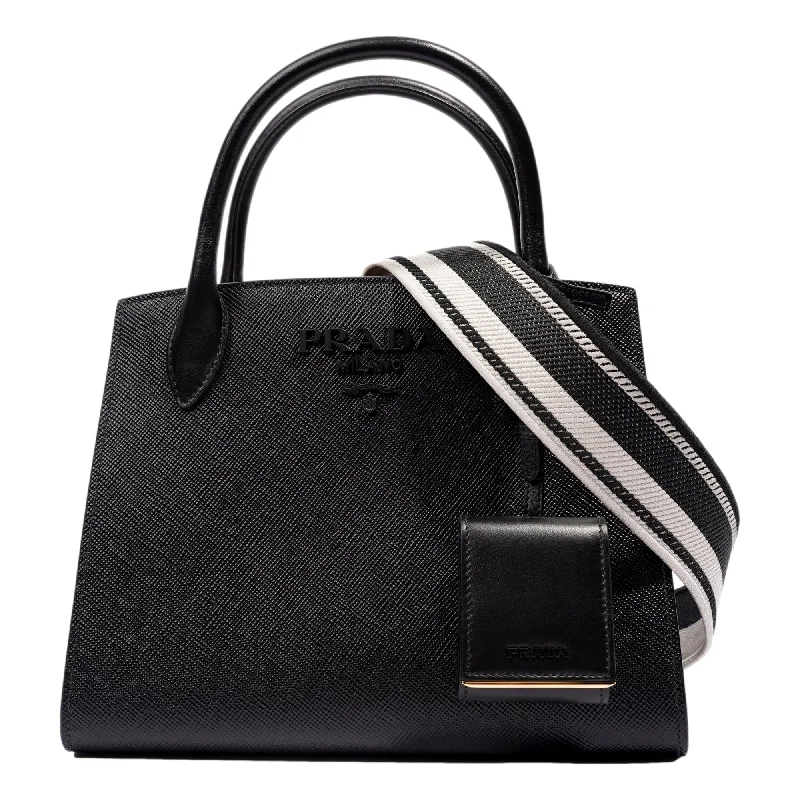 Prada Cleo bags with a contrast - colored interior for visual interestPrada Monochrome Saffiano Top Handle Crossbody Tote Bag Black