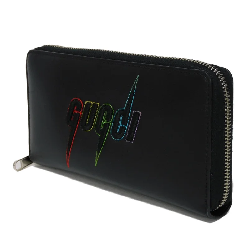 Gucci handbags for women with a beaded trimGUCCI Long Wallet Purse 597677 DTDTN 1058 Smooth Calfskin Leather black Logo embossing Blade Embroidery Zip Around Wallet mens Secondhand