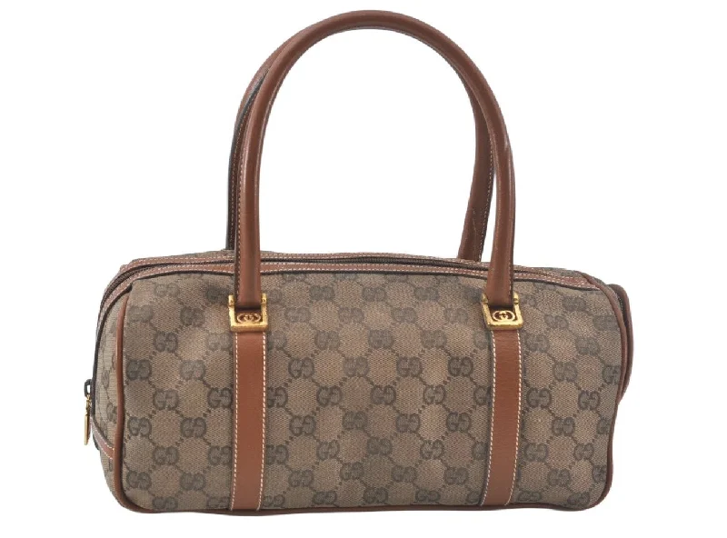 Women Gucci bags with interlocking G hardware for a classic lookAuthentic GUCCI Hand Bag GG Canvas Leather Brown L0062