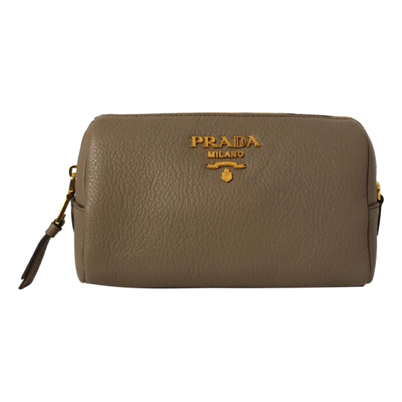 Prada bags with a front - flap pocket for quick access to essentialsPrada Vitello Daino Argilla Grey Leather Cosmetic Pouch