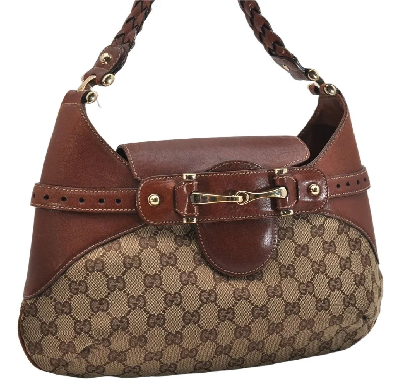 Women Gucci crossbody bags with a printed floral patternAuthentic GUCCI Horsebit Shoulder Hand Bag GG Canvas Leather 137592 Brown 1328K