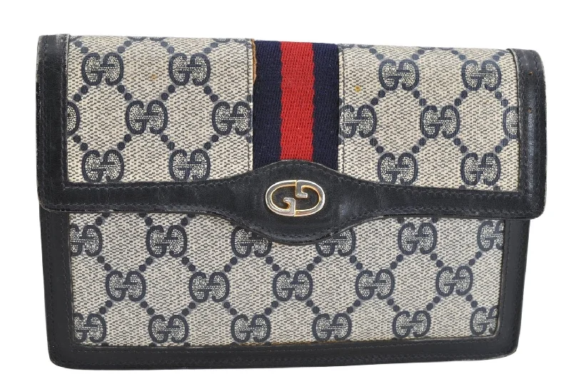 Women Gucci crossbody bags with a keychain holderAuthentic GUCCI Vintage Sherry Line Pouch Purse GG PVC Leather Navy Blue 1266K