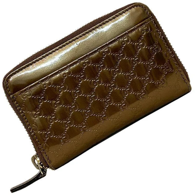 Women Gucci bags with a zippered interior pocketGucci Coin Case Bronze Gold Micro Shima 256810 Patent Leather Gucci Brown Purse Card Pocket GG Round