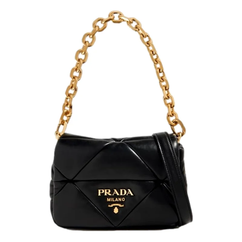 Prada nylon backpacks with a hidden back pocket for securityPrada Gold Logo Black Quilted Nappa Patch Leather Small Shoulder Bag