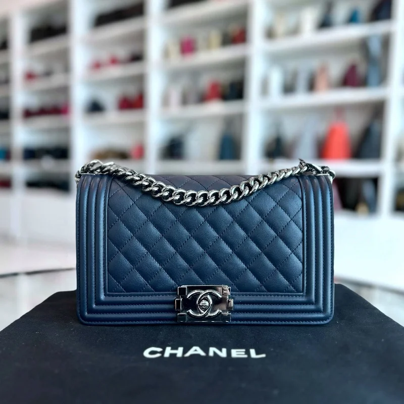 Chanel Designer Handbag with Unique Design*Calfskin* Boy Old Medium 25CM Quilted Smooth Calfskin Leboy Dark Blue SHW No 20