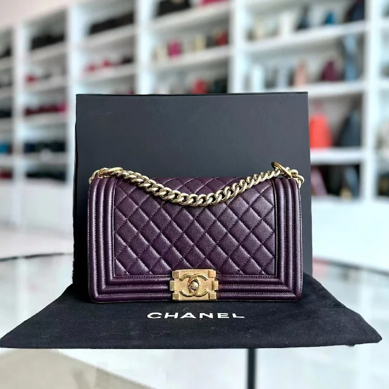 Chanel Designer Handbag with Unique DesignBoy Old Medium 25CM Quilted Lambskin Dark Purple Violet Leboy Golden Hardware Series 23