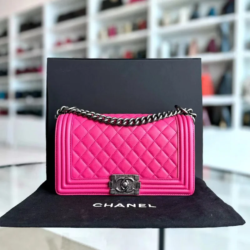 Chanel New Arrival Handbag with Gold HardwareBoy Old Medium 25CM Quilted Lambskin Hot Pink Leboy Silver Hardware Series 19