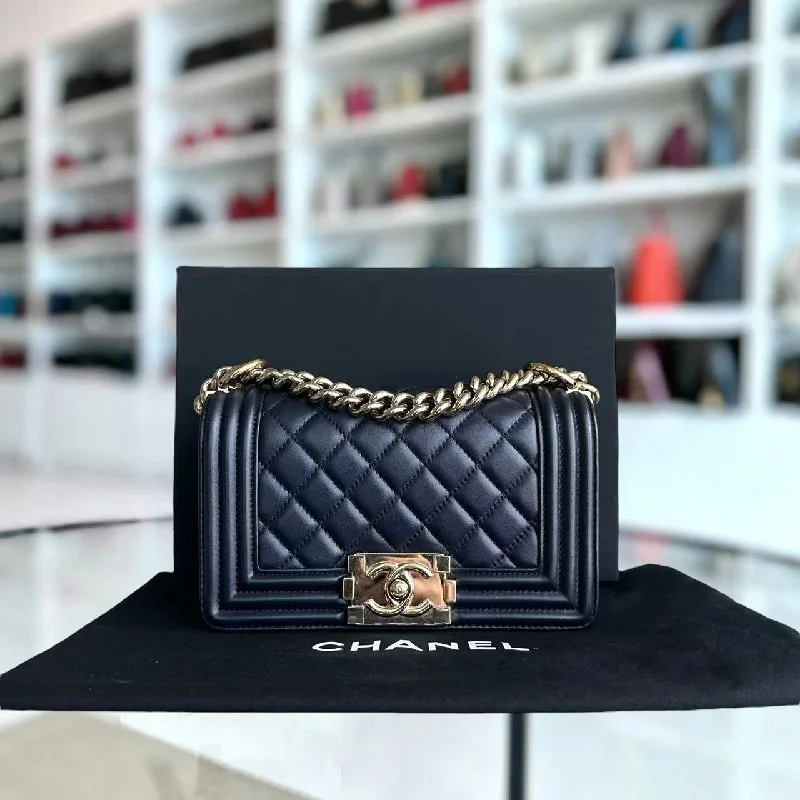 Chanel Black Handbag for Business MeetingsBoy Small 20CM Quilted Lambskin Dark Navy Blue Leboy Golden Hardware Series 25